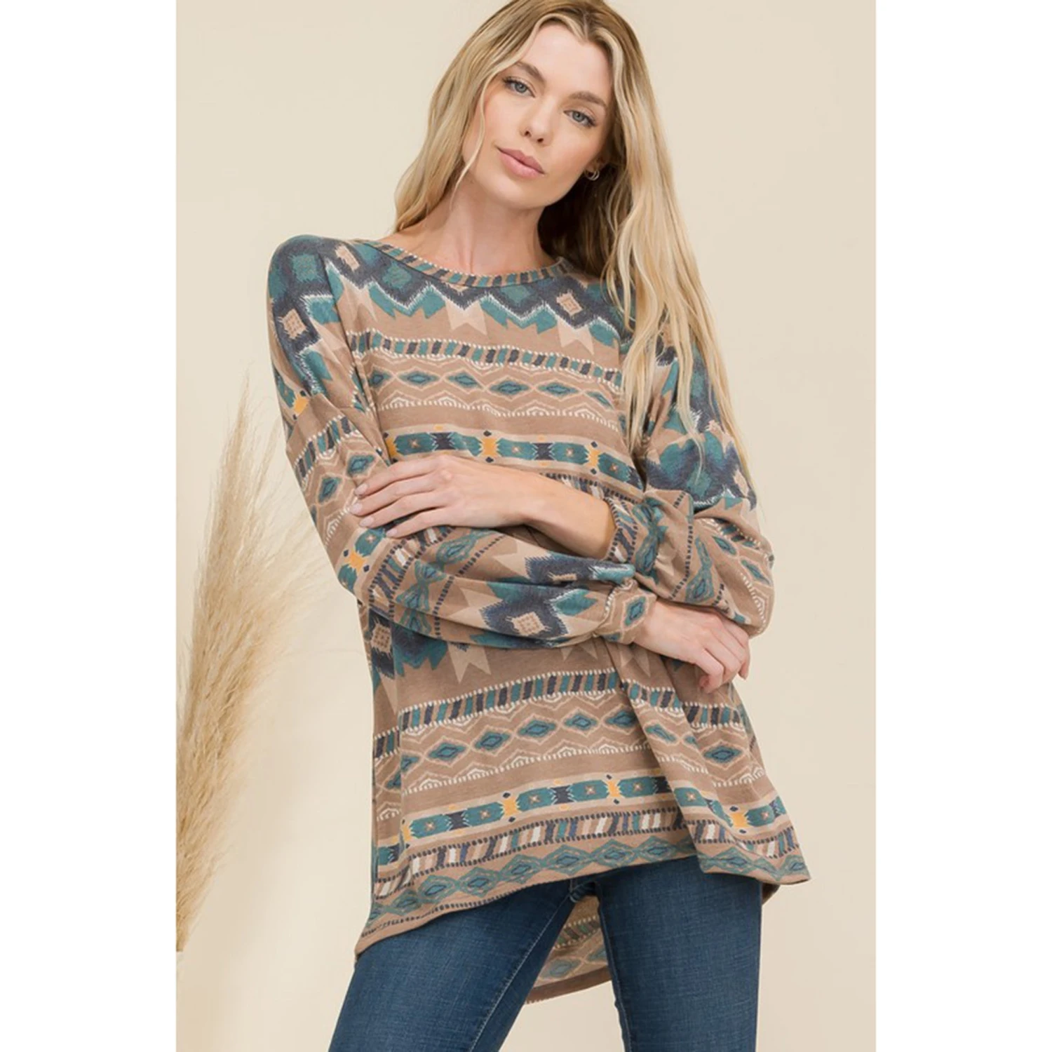 Mocha Aztec Print High-Low Top 4 Mocha Aztec Print High-Low Top - Image 2