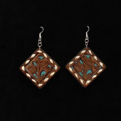 Brown And Turquoise Tool Square Leather Earrings