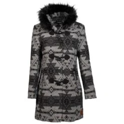 Hooey Ladies Long Coat With Faux Fur Hood-Charcoal Aztec