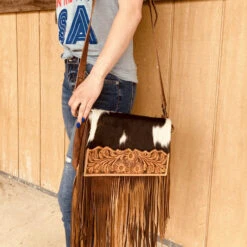 American Darling Brown White Hide And Fringe Purse 14 American Darling Brown White Hide And Fringe Purse -Weaver Leather Cowboy Store ADBG524BRW 1