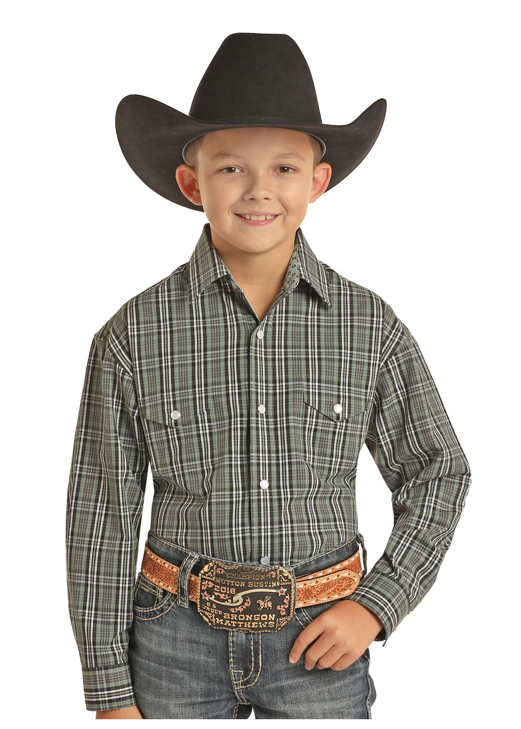 Boys Long Sleeve Green Black & White Plaid Snap Shirt 3 Boys Long Sleeve Green Black & White Plaid Snap Shirt