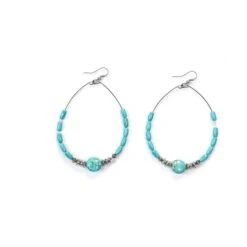 4" Green Turquoise & Silver Disc Beaded Hoop Earrings -Weaver Leather Cowboy Store E1261b