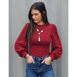 Puff Sleeve Body Suit - Available In Black, Off White, & Wine -Weaver Leather Cowboy Store GT3048c