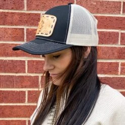 McIntire Saddlery Black & Tan Tooled Leather Patch Cap -Weaver Leather Cowboy Store IMG 5626