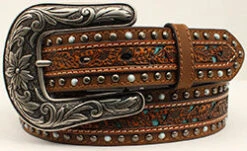 Nocona Women's Floral Pierced Turquoise Underlay Belt