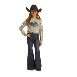 Rock & Roll Cowgirl Button Bell Bottom Dark Vintage Wash Jeans