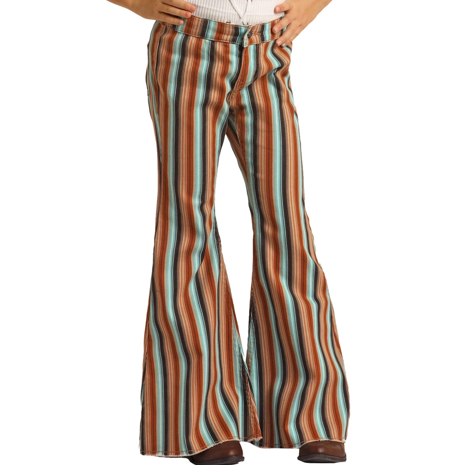 Rock & Roll Girls Multi-Strip Stretch Bell Jean-Tan/Blue 3 Rock & Roll Girls Multi-Strip Stretch Bell Jean-Tan/Blue