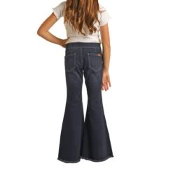 Rock & Roll Cowgirl Girl's Extra Stretch Button Bell Bottom Dark Wash Jeans -Weaver Leather Cowboy Store RRGD7PRZRB B