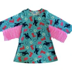 Shea Baby Turquoise Running Horse Long Sleeve Fringe Dress -Weaver Leather Cowboy Store SDRF04a