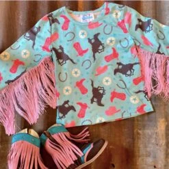 Shea Baby Turquoise Cowgirl Fringe Long Sleeve Shirt -Weaver Leather Cowboy Store ST04a