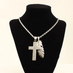 Cross And Feather Pendant Necklace