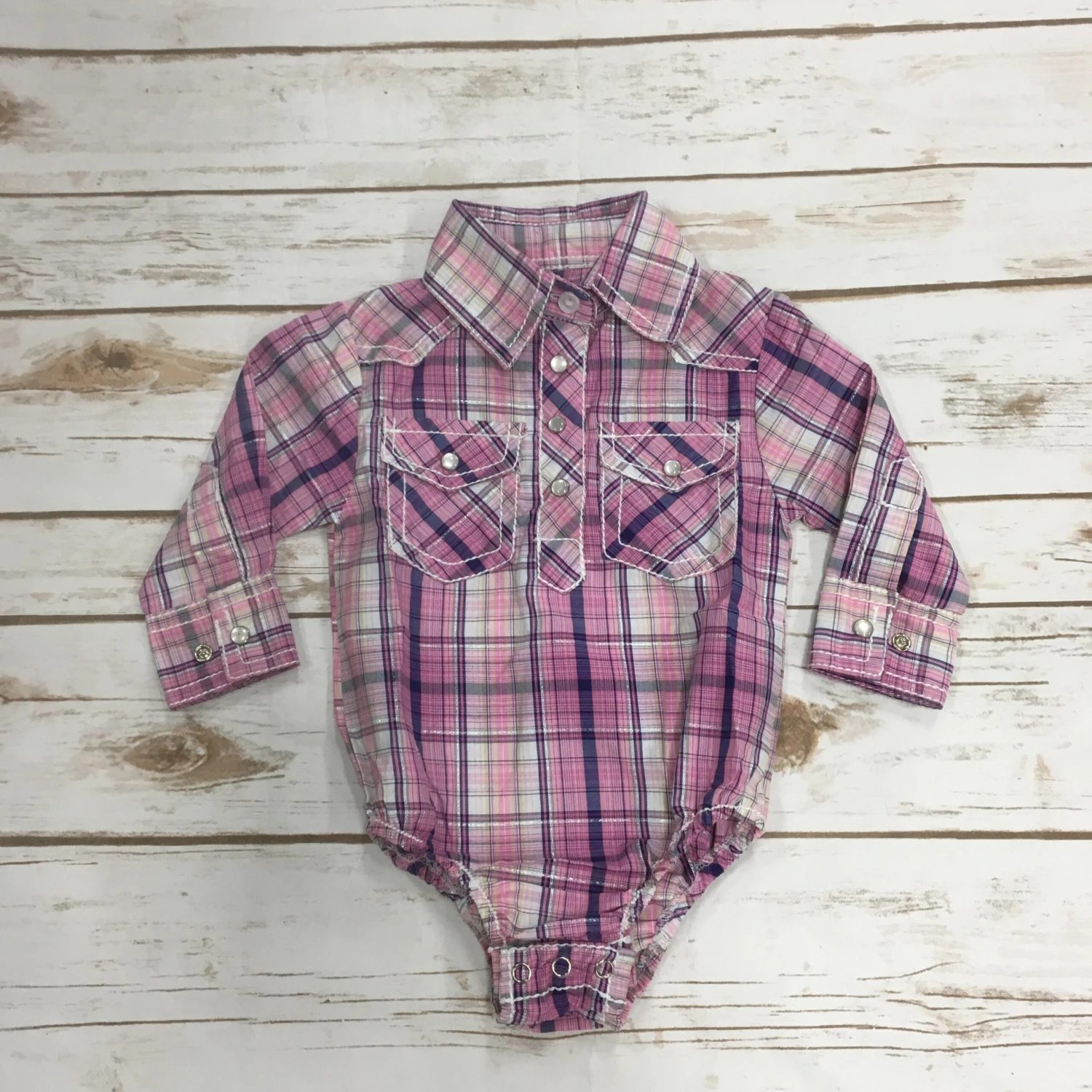 Crazy Cowboy Pink, White, And Navy Plaid Girl Western Onesie 3 Crazy Cowboy Pink, White, And Navy Plaid Girl Western Onesie