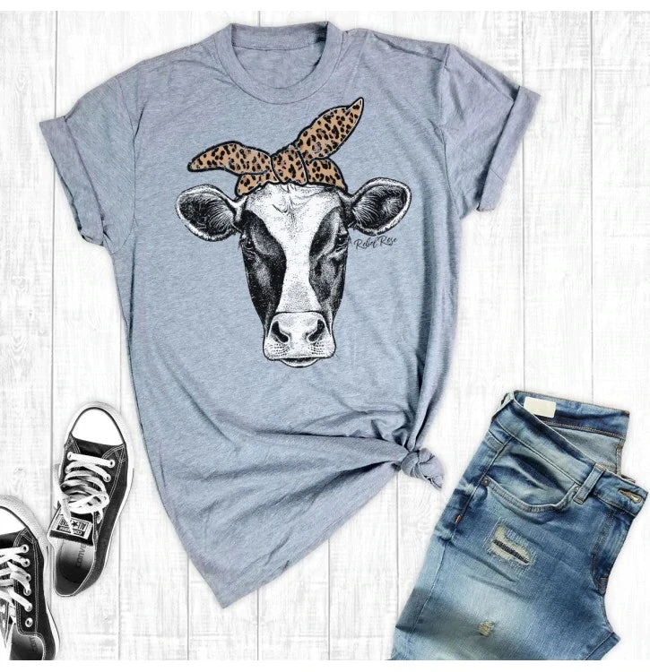 Cow Head With Leopard Bandana Graphic Tee 3 Cow Head With Leopard Bandana Graphic Tee