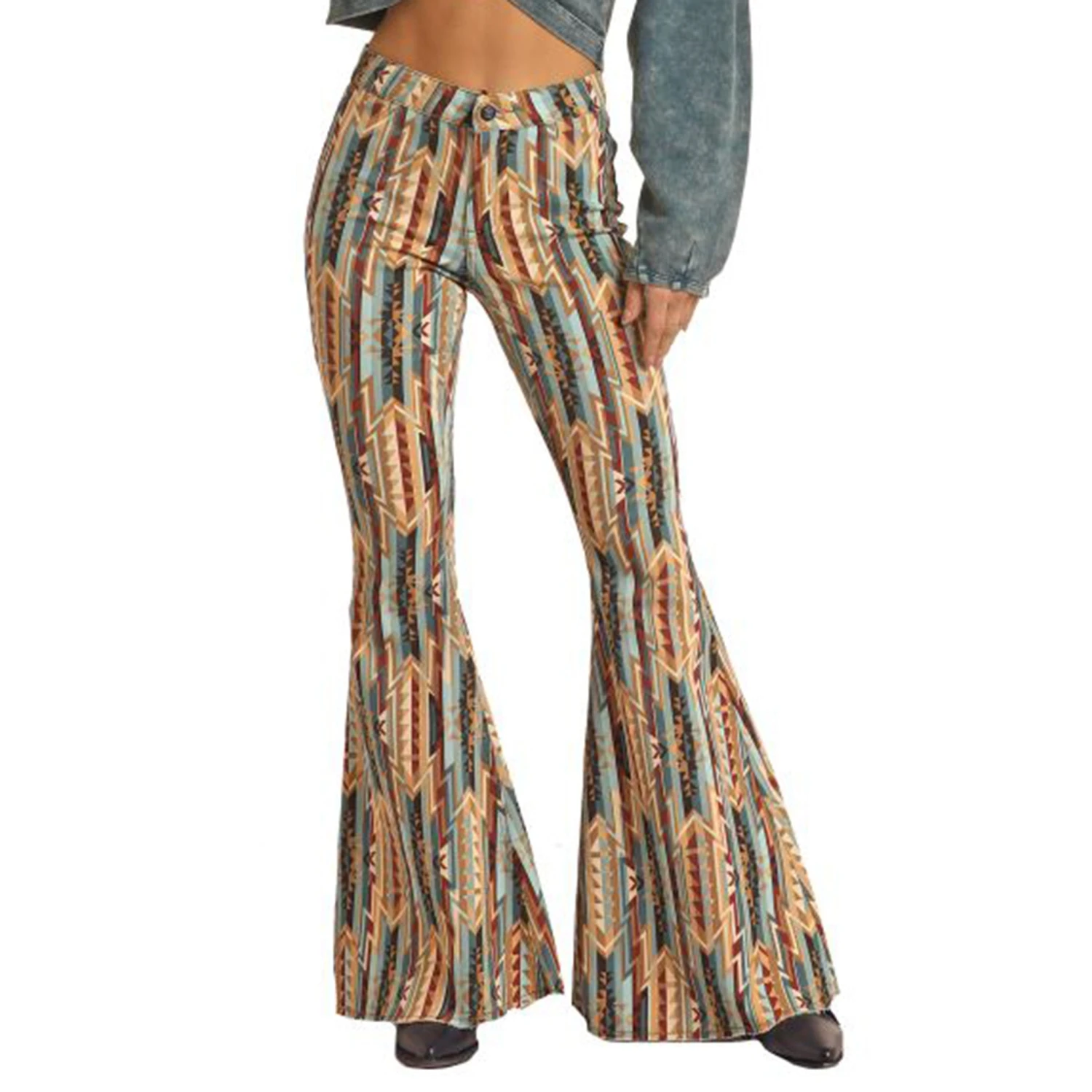 Rock & Roll Aztec Women's Bell Bottom Jeans-Tan's/Blue's 3 Rock & Roll Aztec Women's Bell Bottom Jeans-Tan's/Blue's